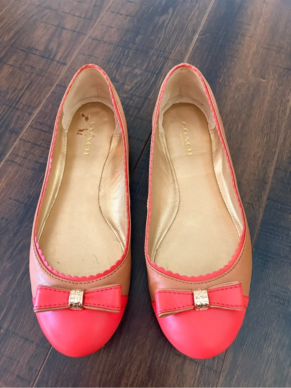 Coach Colorblock Leather Ballet Flats Coral Pink & Tan Bow Shoes Size 36 - Picture 2 of 15